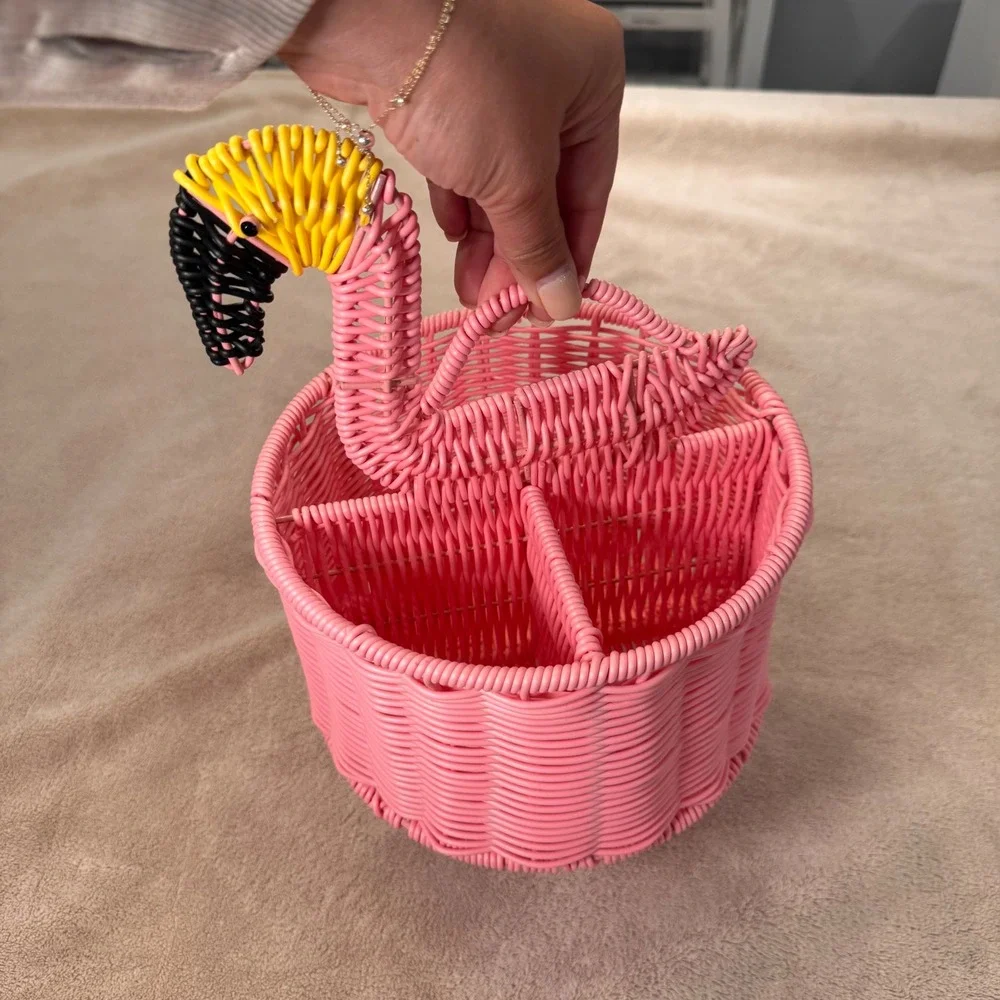 Tropical Pink Flamingo Wicker Basket Caddy Utensil Holder Organizer BBQ Kitchen